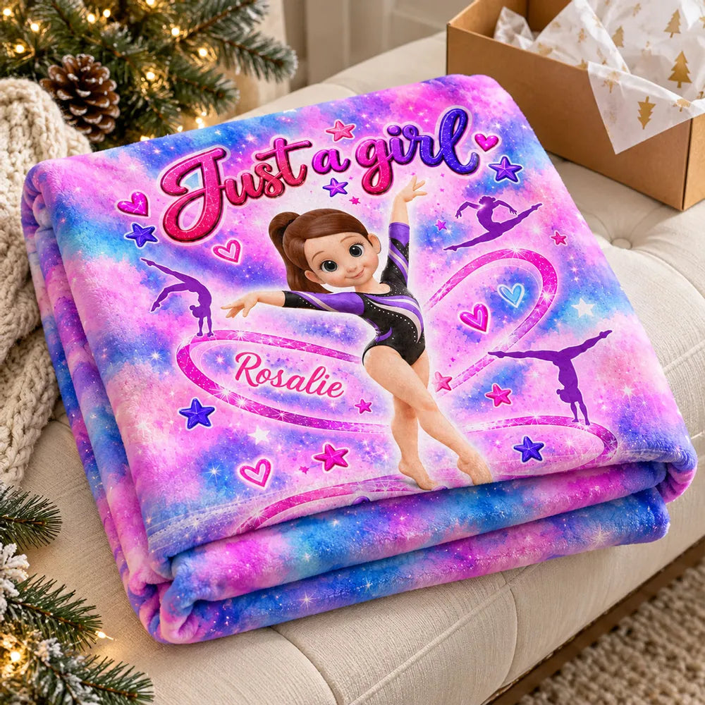 Personalized Fleece Blanket, Posing Cartoon Gymnast in Pink Galaxy Style, Unique Gift for Daughter