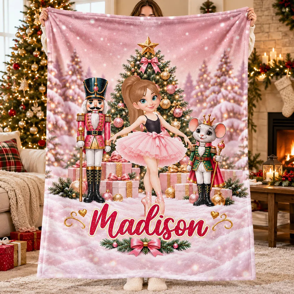 Personalized Fleece Blanket, Dancing Ballerina in Pink Nutcracker Christmas Scene, Unique Gift for Daughter