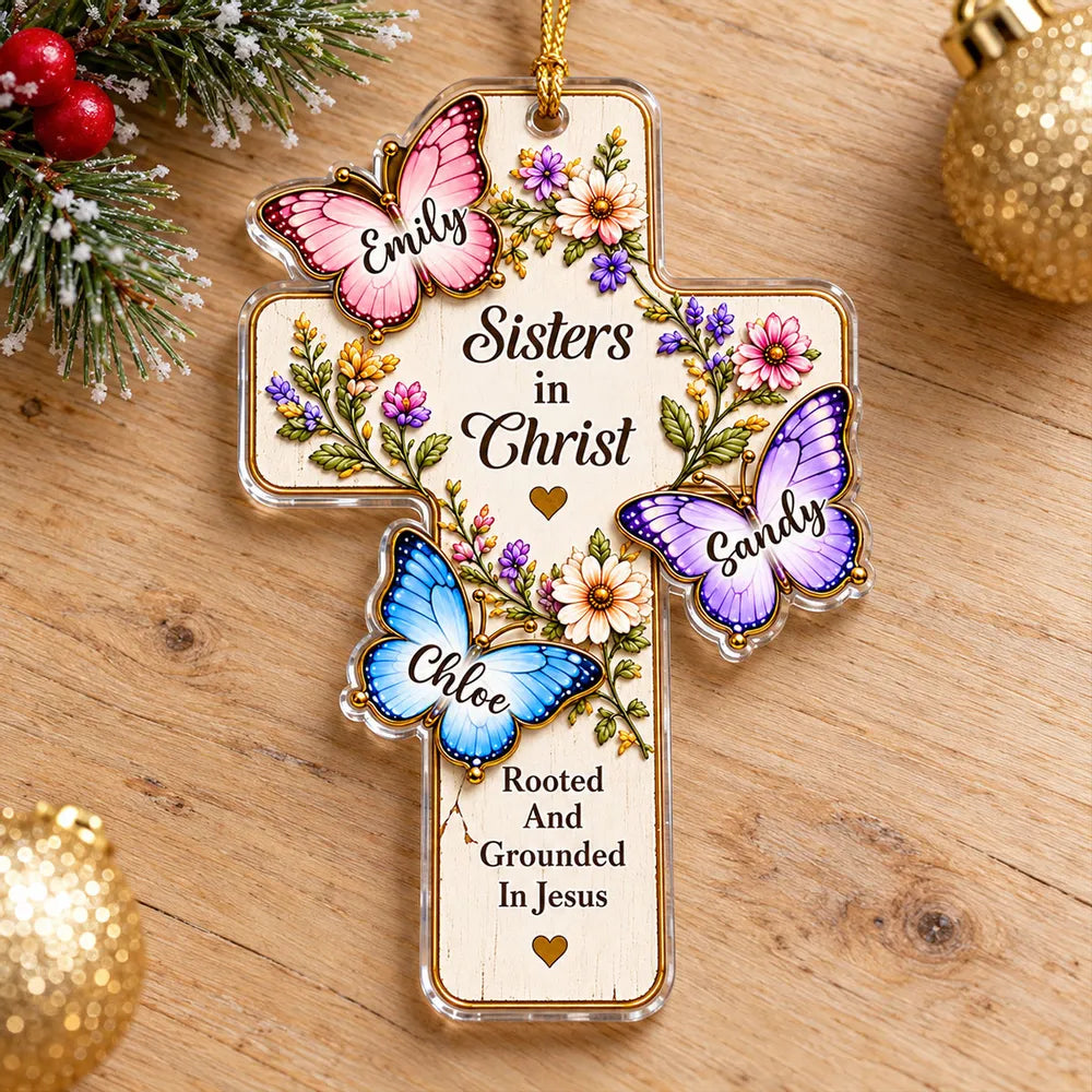 Personalized Acrylic Ornament, Sisters in Christ Floral Butterfly Cross, Unique Christmas Gift for Faithful Friends