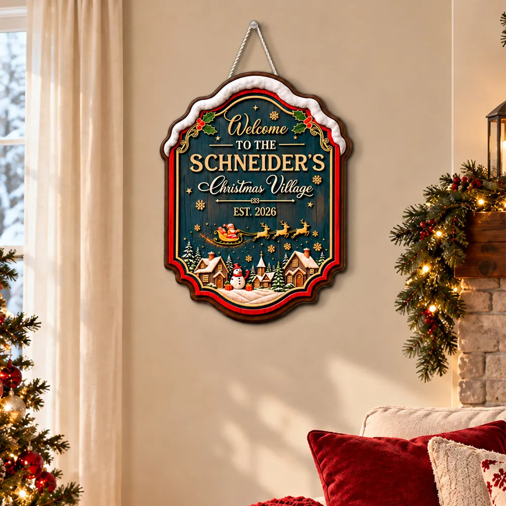Personalized Wooden Sign with Vintage Christmas Village, Teal Red & Gold Door Decor, Unique Gift for Family