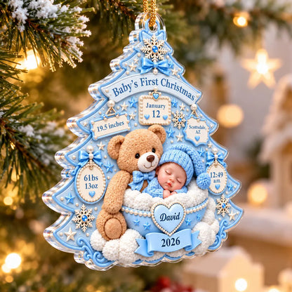 Baby's First Christmas Acrylic Ornament, Sleeping Baby and Teddy Bear Keepsake, Personalized Creative Gift for Family