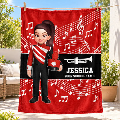 Personalized Fleece Blanket with Standing Marching Band Girl and Trumpet, Unique Gift for Music Students