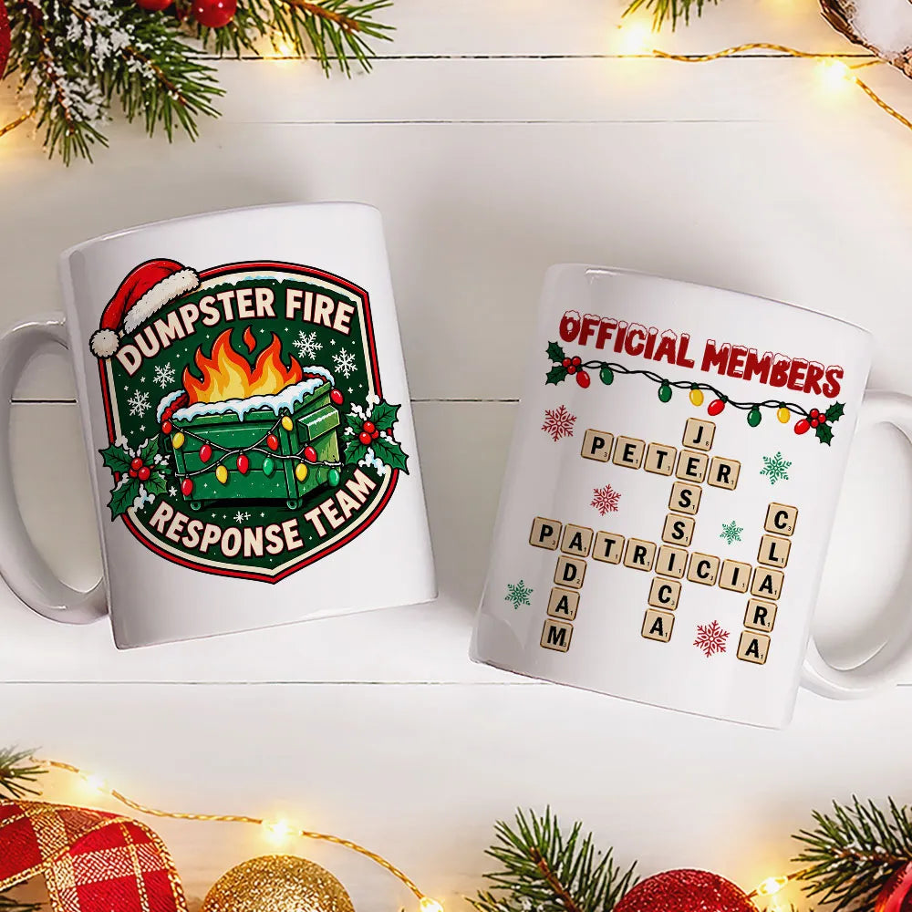 Personalized Mug with Funny Dumpster Fire Team Design, Red and Green Christmas Gift for Coworkers