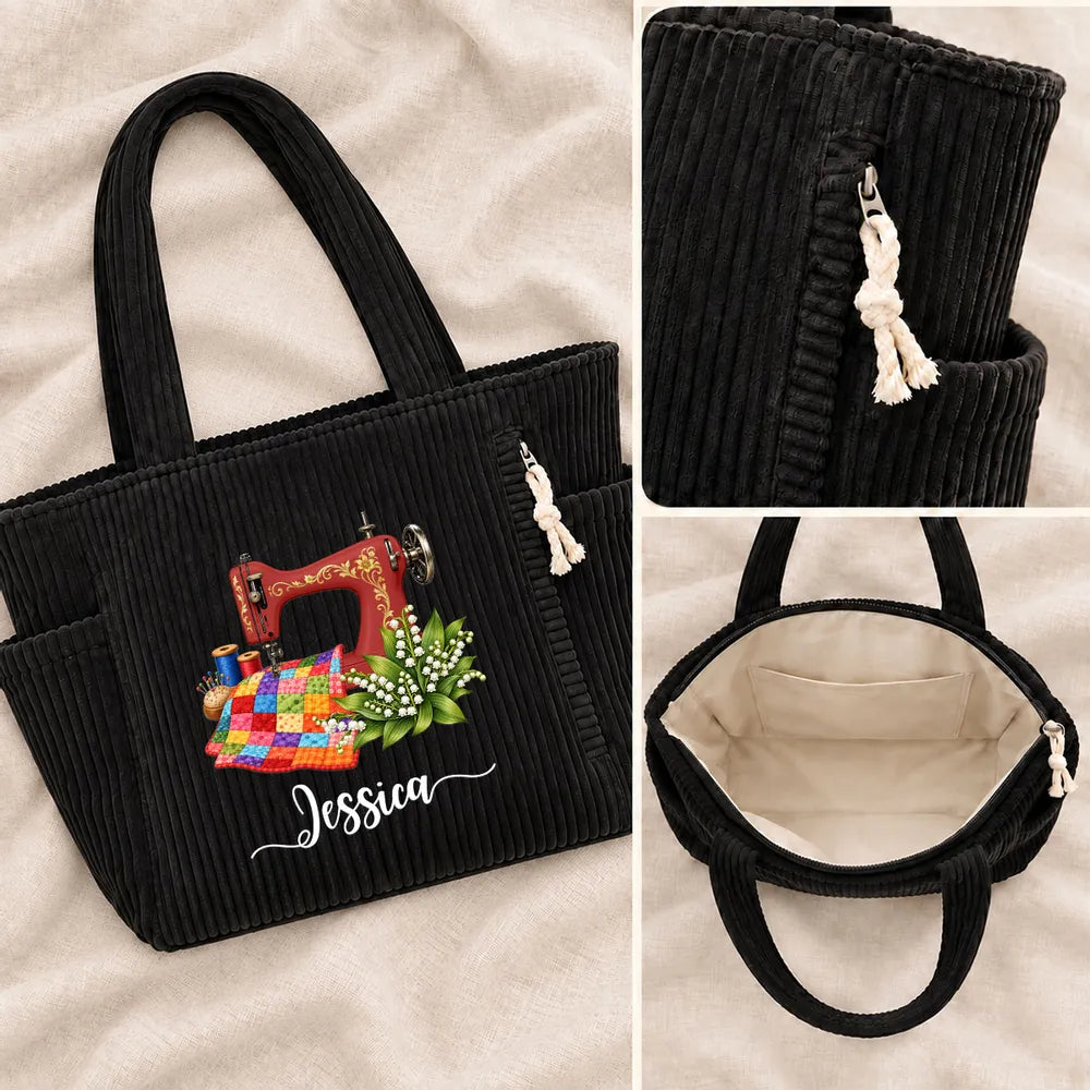 Personalized Corduroy Side Pocket Tote, Floral Sewing Machine Design, Unique Gift for Sewing Lovers