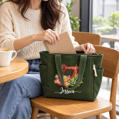 Personalized Corduroy Side Pocket Tote, Floral Sewing Machine Design, Unique Gift for Sewing Lovers