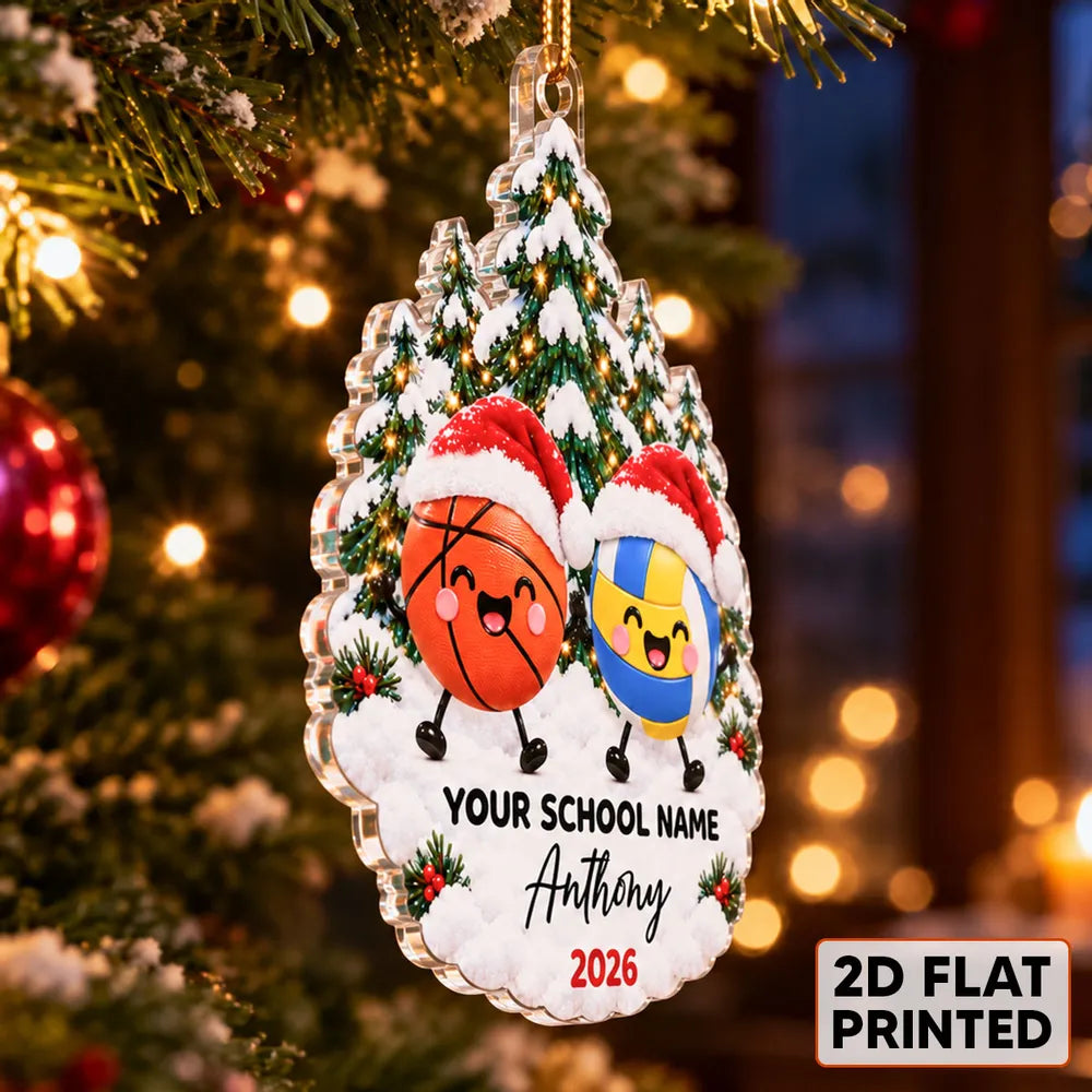 Personalized Acrylic Ornament, Cute Sports Balls in Santa Hats, Christmas Tree Decor, Unique Gift for Kids
