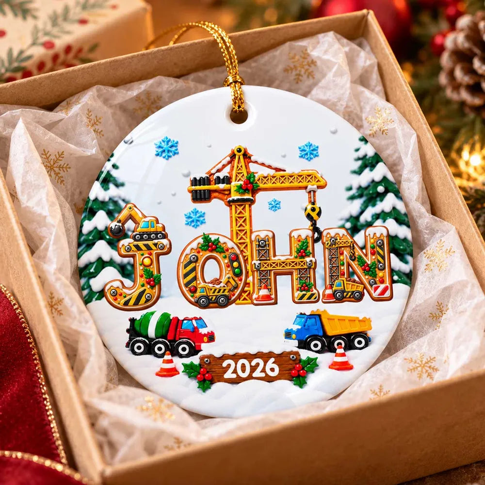 Personalized Ceramic Ornament with Bright Christmas Construction Trucks, Unique Gift for Kids and Grandkids