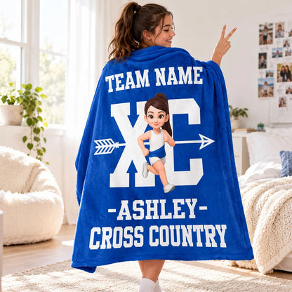 Personalized Cross Country Fleece Blanket, Red Cartoon Runner Design, Unique Gift for Runners