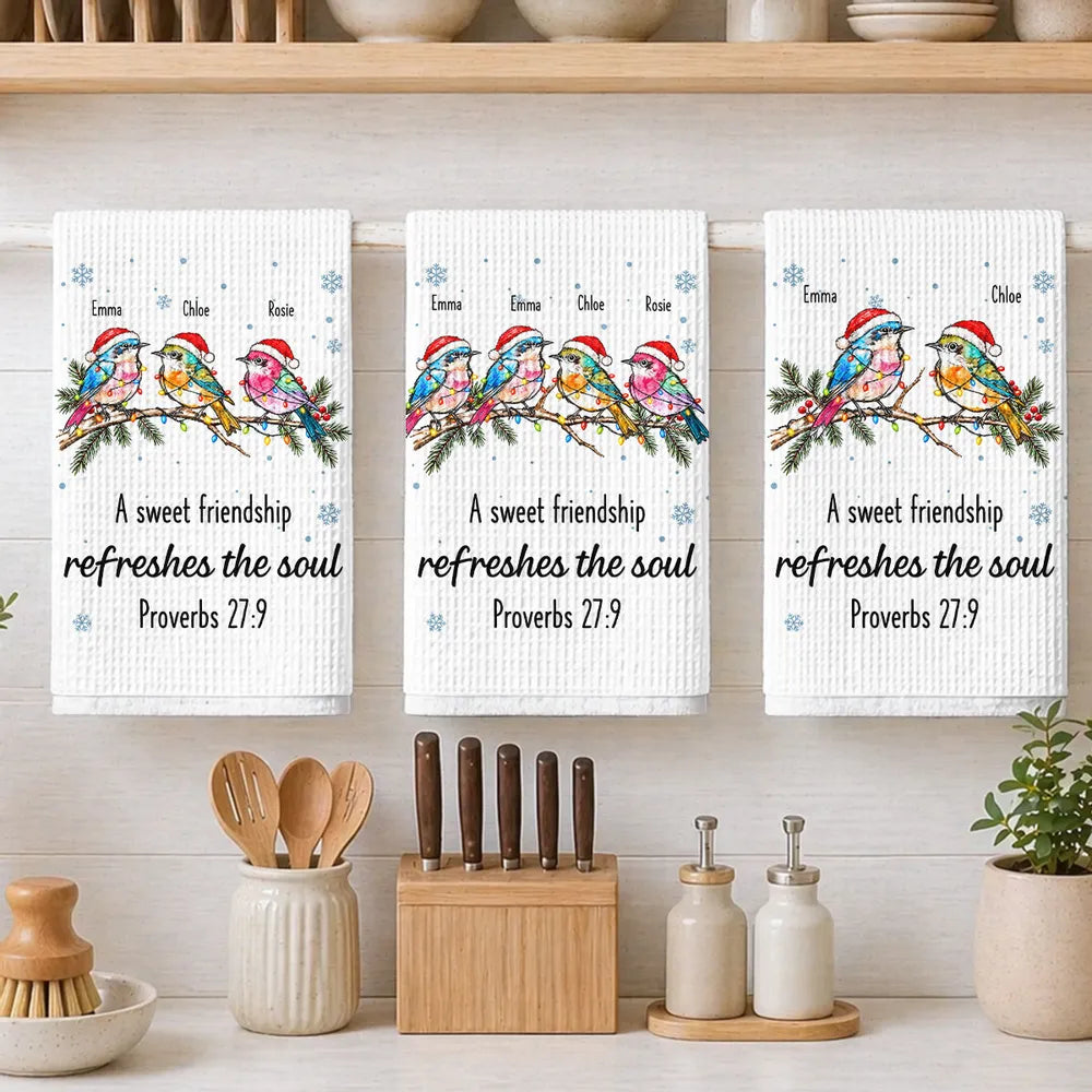 Personalized Kitchen Towel, Colorful Birds Perched on Evergreen, Unique Creative Gift for a Close Friend