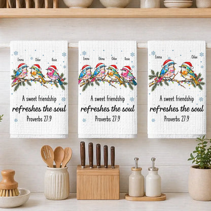 Personalized Kitchen Towel, Colorful Birds Perched on Evergreen, Unique Creative Gift for a Close Friend