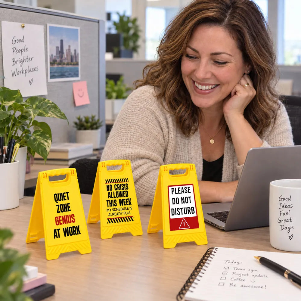 Personalized Warning Sign Phone Stand, Bright Yellow Office Desk Accent, Unique Gift for Coworker