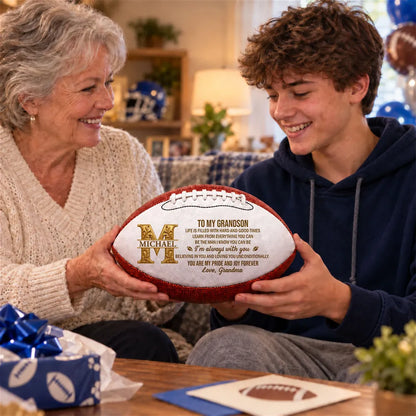 Personalized Leather Football Held in a Locker Room, Heartfelt Creative Gift for a Grandson Who Loves Football