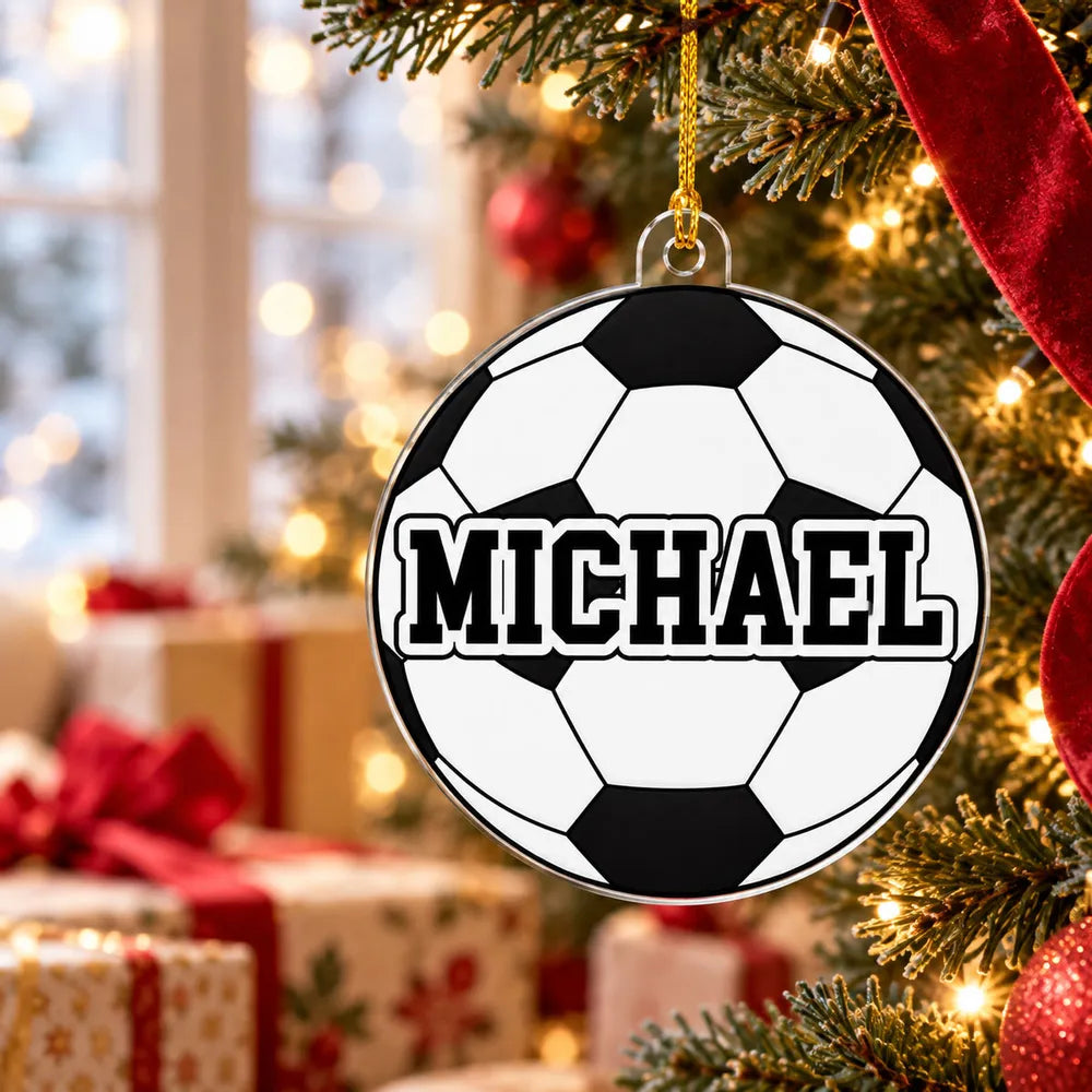 Personalized Acrylic Ornament with Sports Ball Art on a Lit Tree, Unique Gift for Kids and Sports Fans