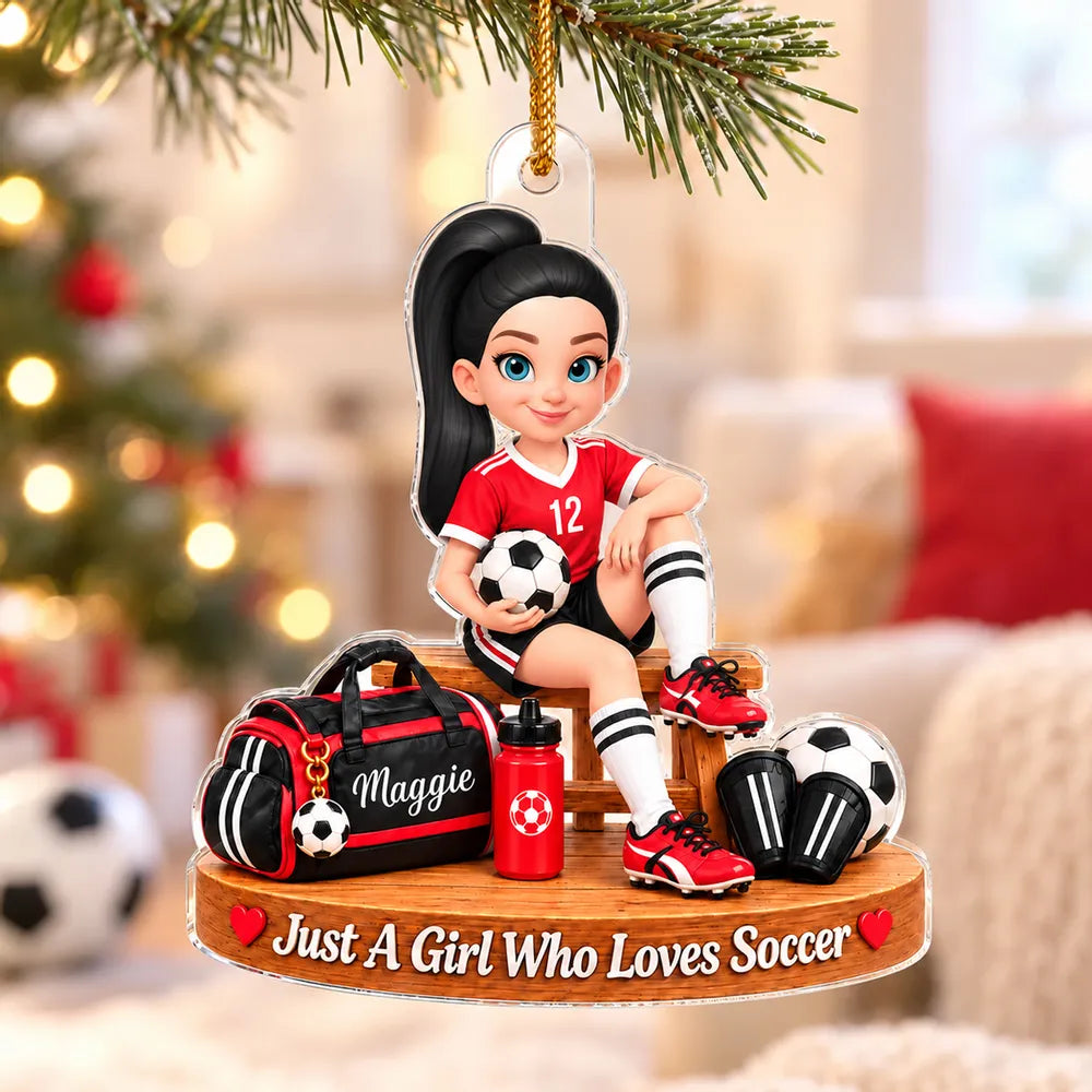Personalized Acrylic Ornament, Seated Soccer Girl Holding a Ball, Unique Christmas Gift for Daughter