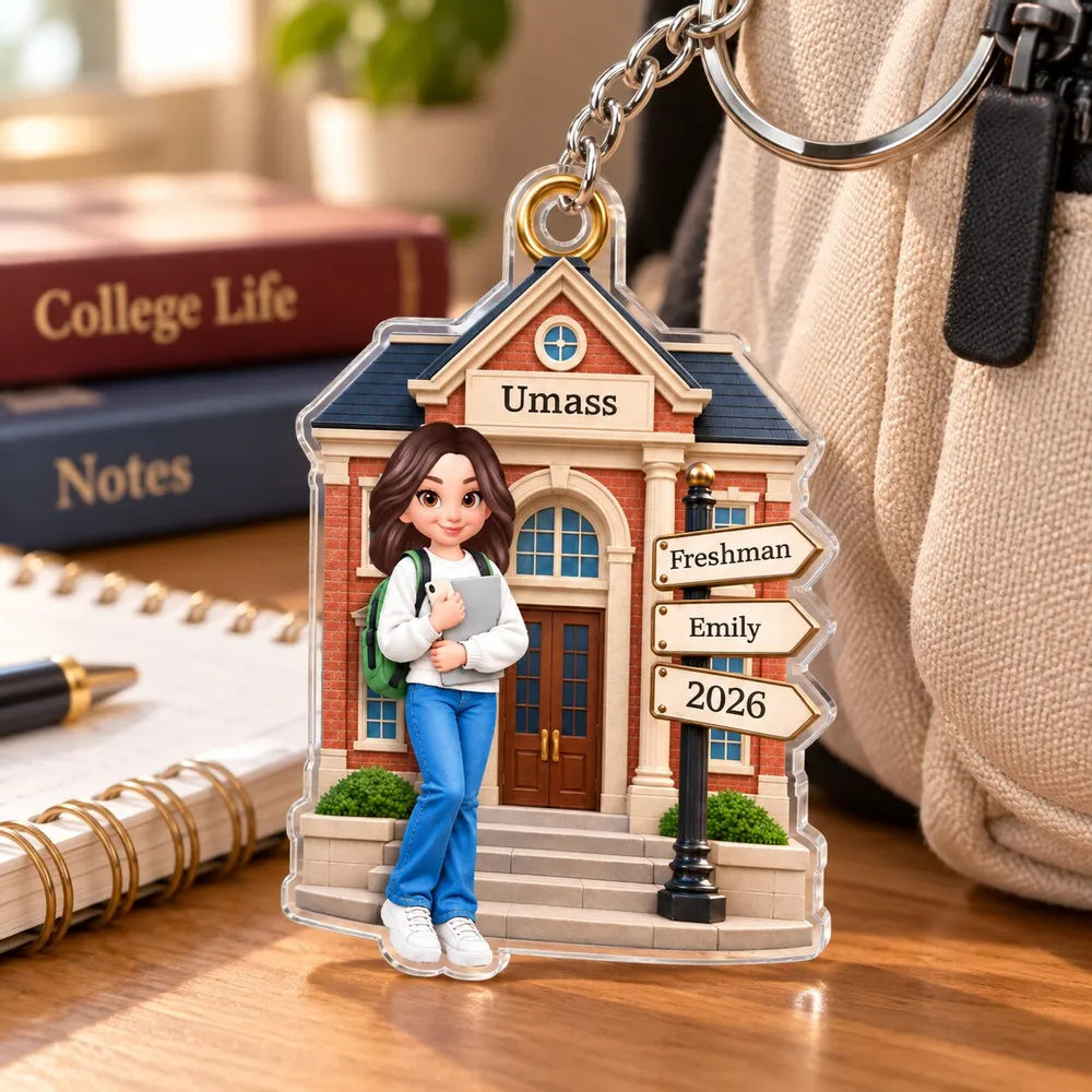 Personalized Acrylic Magnet, Student Holding a Notebook at Campus, Unique Freshman Gift