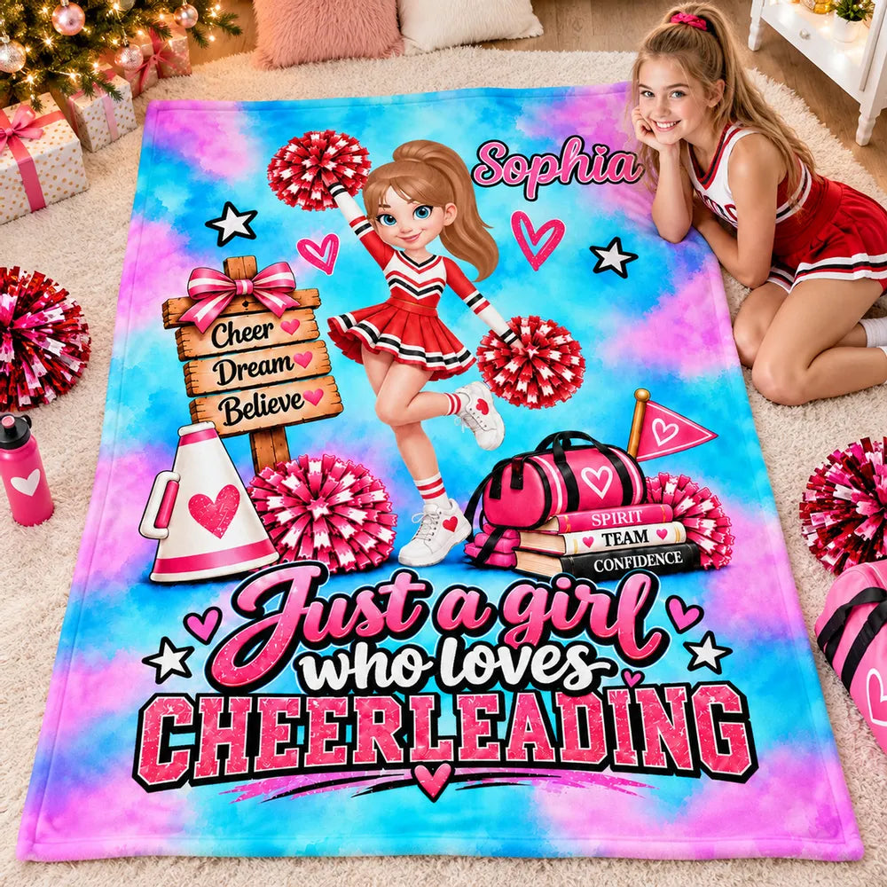 Cheerleading Fleece Blanket with Posing Cheerleader, Personalized Encouraging Creative Gift for Granddaughter