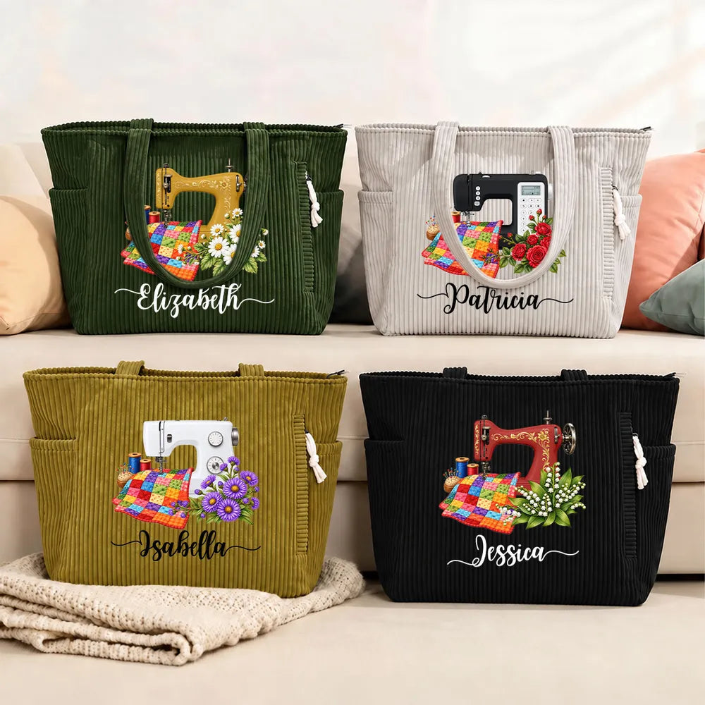 Personalized Corduroy Side Pocket Tote, Floral Sewing Machine Design, Unique Gift for Sewing Lovers