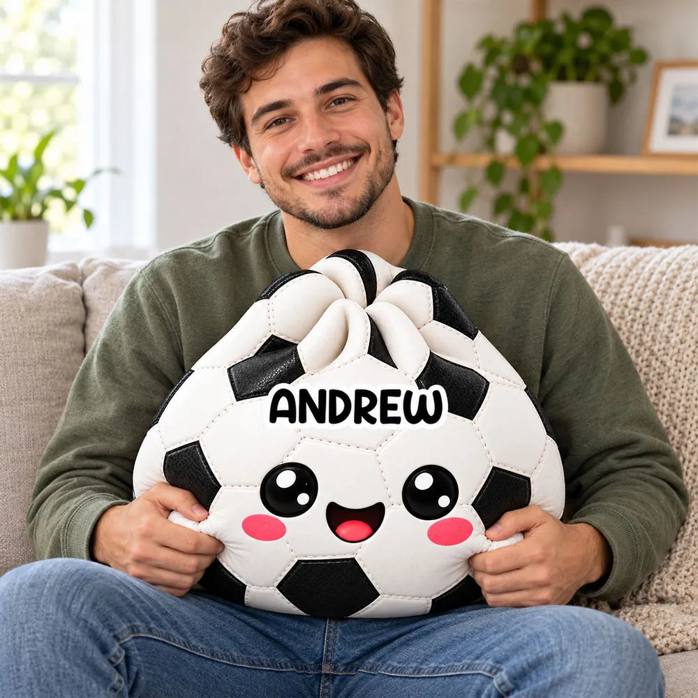 Personalized Sports Ball Shaped Pillow, Hugged by a Smiling Child on a Cozy Sofa, Unique Gift for Sports Fans