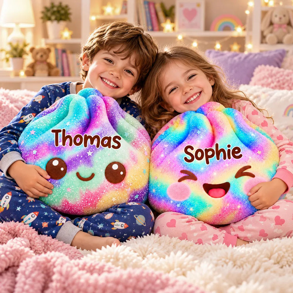 Personalized Rainbow Shaped Pillow, Cute Smiling Character Hugged by a Child, Unique Gift for Kids