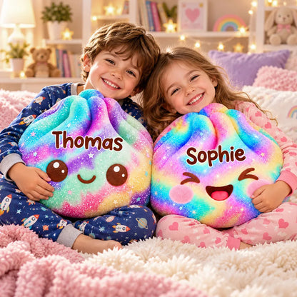Personalized Rainbow Shaped Pillow, Cute Smiling Character Hugged by a Child, Unique Gift for Kids