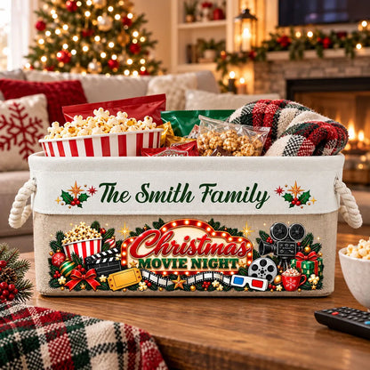 Personalized Rope Basket, Family Watching a Christmas Movie in a Cozy Living Room, Unique Gift
