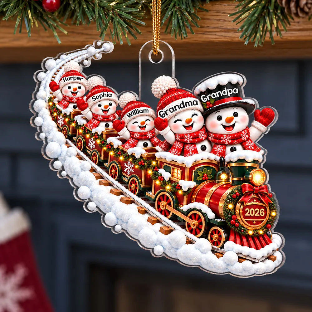 Personalized Acrylic Ornament, Snowman Family Train in Festive Red, Unique Christmas Gift for Grandparents