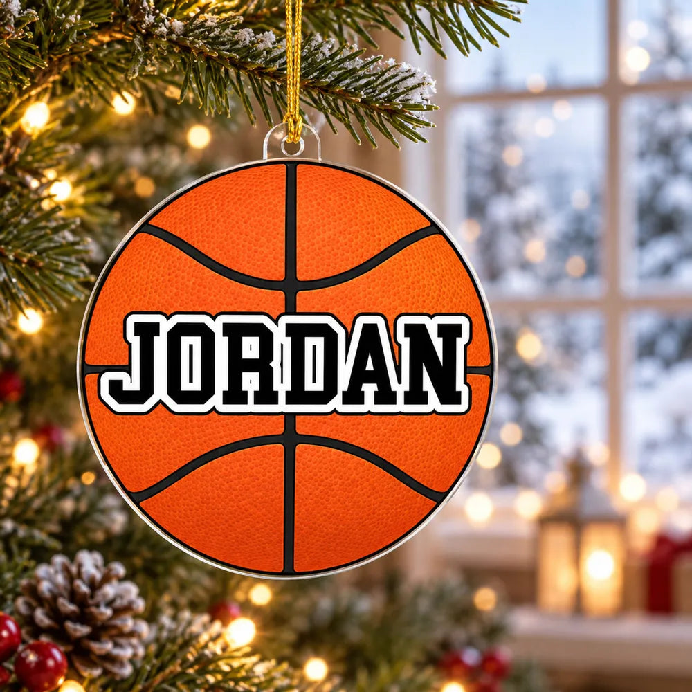 Personalized Acrylic Ornament with Sports Ball Art on a Lit Tree, Unique Gift for Kids and Sports Fans