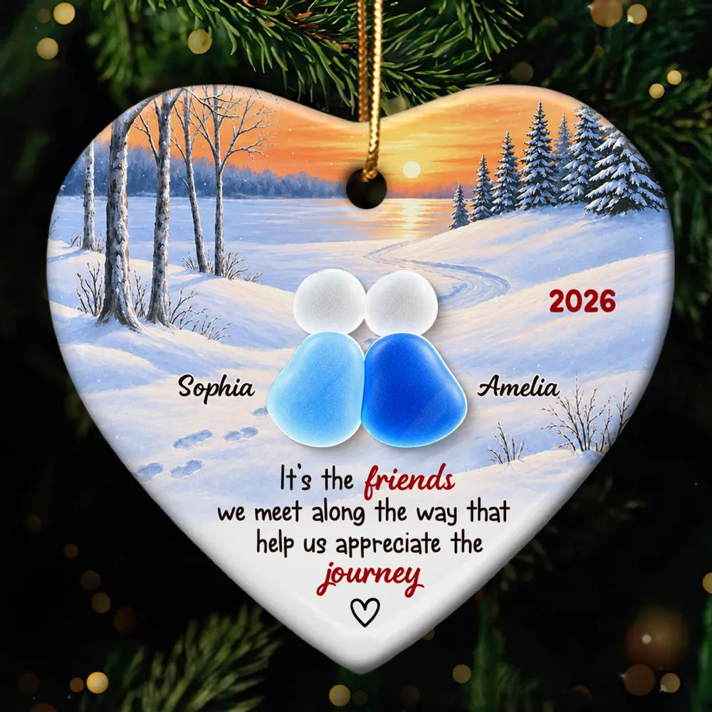 Personalized Heart Ornament, Friends Sitting Together at a Winter Sunset, Unique Christmas Gift for a Close Friend