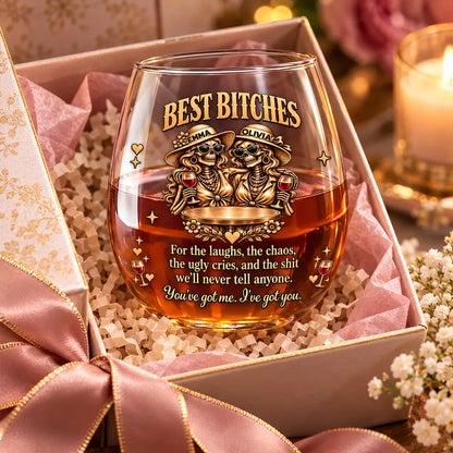 Personalized Whiskey Glass with Sassy Skeleton Friends Holding Drinks, Unique Gift for Close Friends
