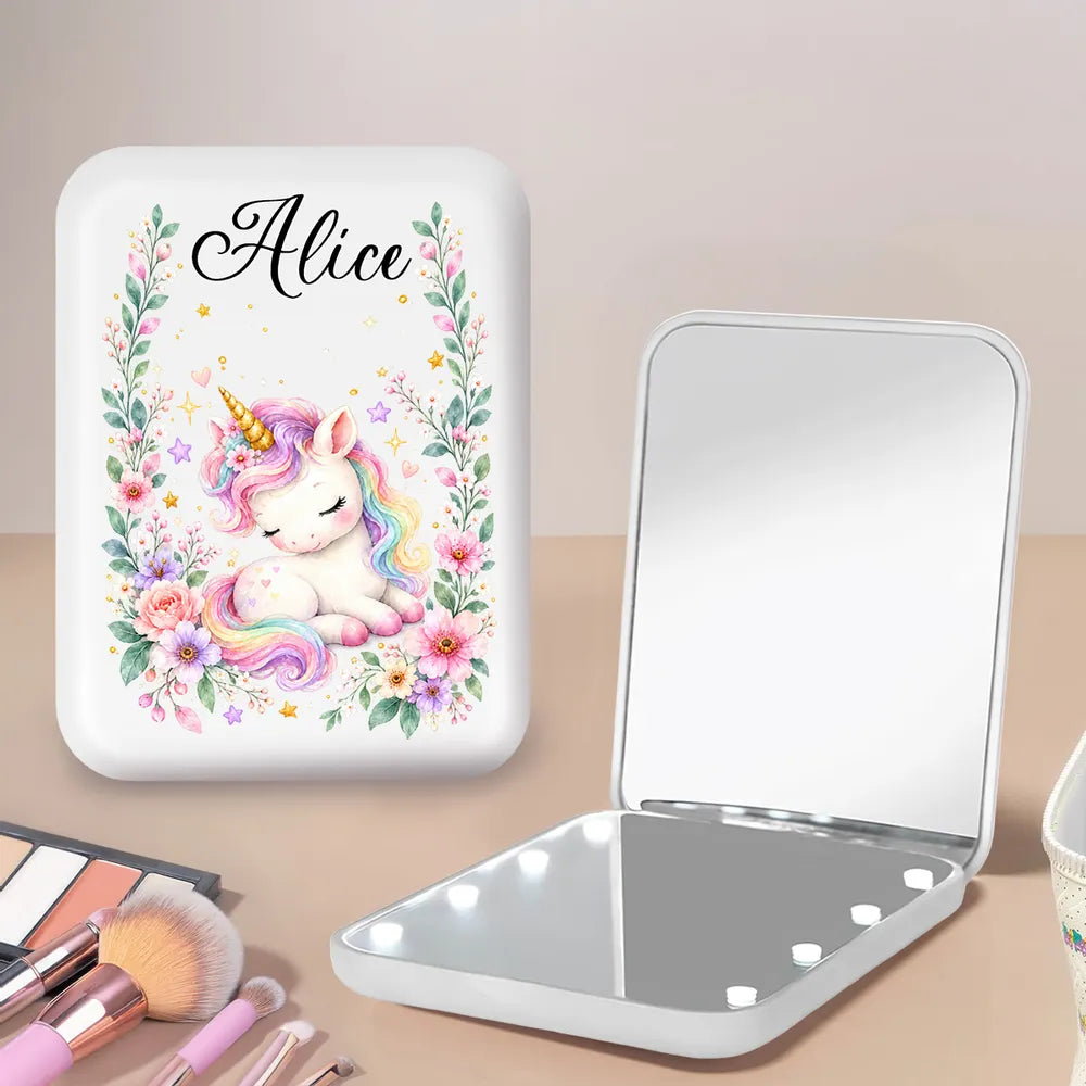 Personalized LED Pocket Mirror with Seated Mermaid and Resting Unicorn, Unique Gift for Girls