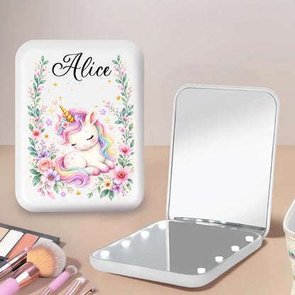 Personalized LED Pocket Mirror with Seated Mermaid and Resting Unicorn, Unique Gift for Girls