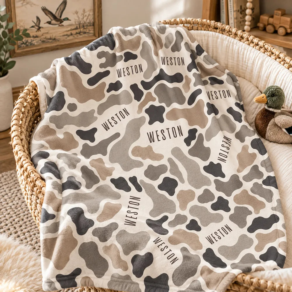 Personalized Neutral Camo Fleece Blanket for Cozy Baby Cuddles, Unique Nursery Gift