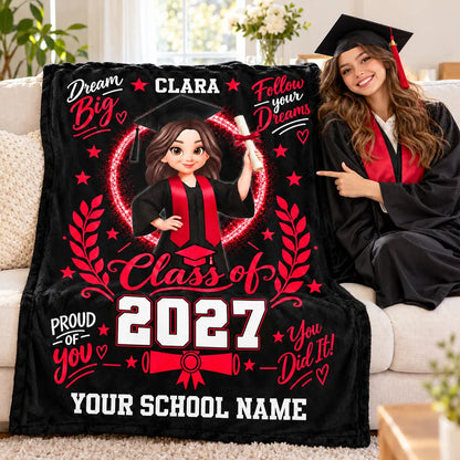 Personalized Dream Big Fleece Blanket, Graduate in Cap and Gown, Heartfelt Creative Gift for Daughter or Granddaughter