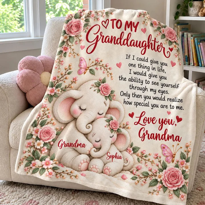 Personalized Fleece Blanket with Cuddling Elephants & Pink Florals, Unique Gift for Granddaughter