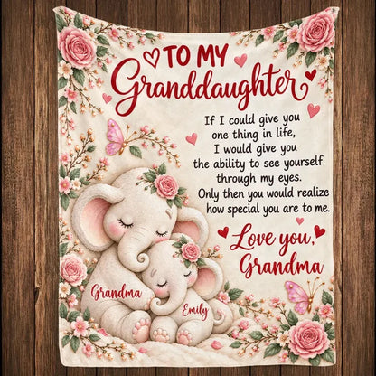 Personalized Fleece Blanket with Cuddling Elephants & Pink Florals, Unique Gift for Granddaughter