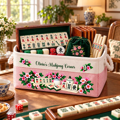 Personalized Rope Basket with Floral Mahjong Art, Warm Neutral Storage and Unique Gift for Players
