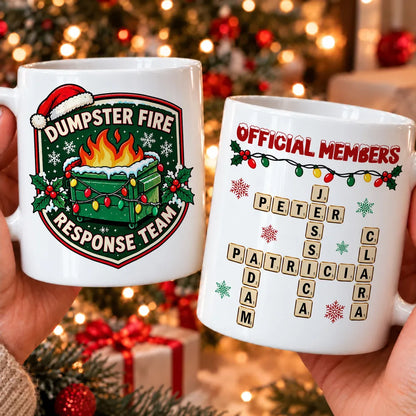 Personalized Mug with Funny Dumpster Fire Team Design, Red and Green Christmas Gift for Coworkers