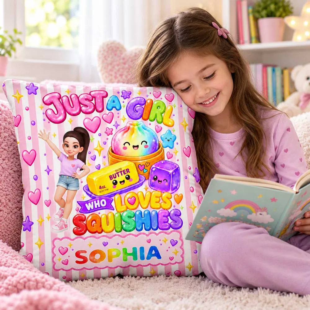 Personalized Square Pillow, Cute Squishy Art With Waving Girl, Pink Rainbow Decor, Unique Gift for Daughter