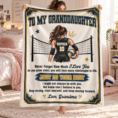 Personalized Fleece Blanket, Navy and Gold Volleyball Player by Net, Unique Gift for Granddaughter