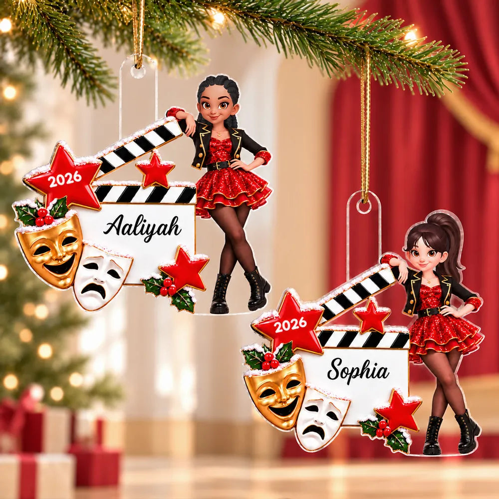Personalized Acrylic Ornament, Theater Girl Leaning on Clapperboard, Unique Christmas Gift for Daughter