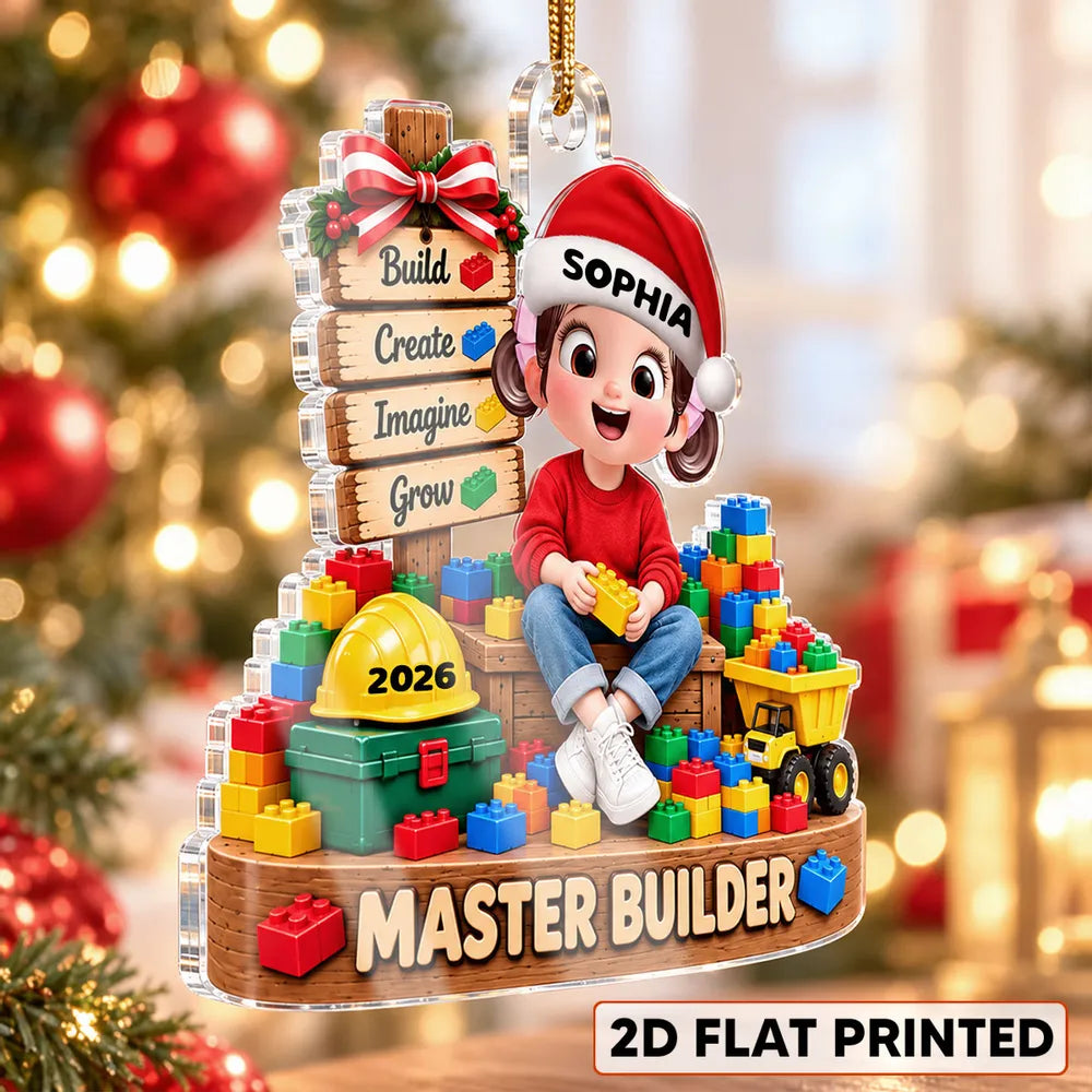 Personalized Acrylic Ornament, Cute Builder Kid Sitting with Blocks, Unique Christmas Gift for Son