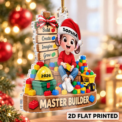 Personalized Acrylic Ornament, Cute Builder Kid Sitting with Blocks, Unique Christmas Gift for Son