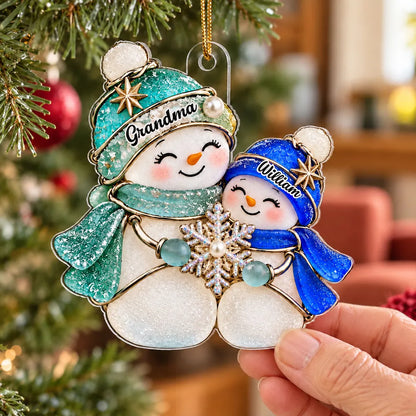 Personalized Acrylic Ornament, Teal and Blue Grandma and Grandchild Snowmen, Unique Christmas Gift for Grandma