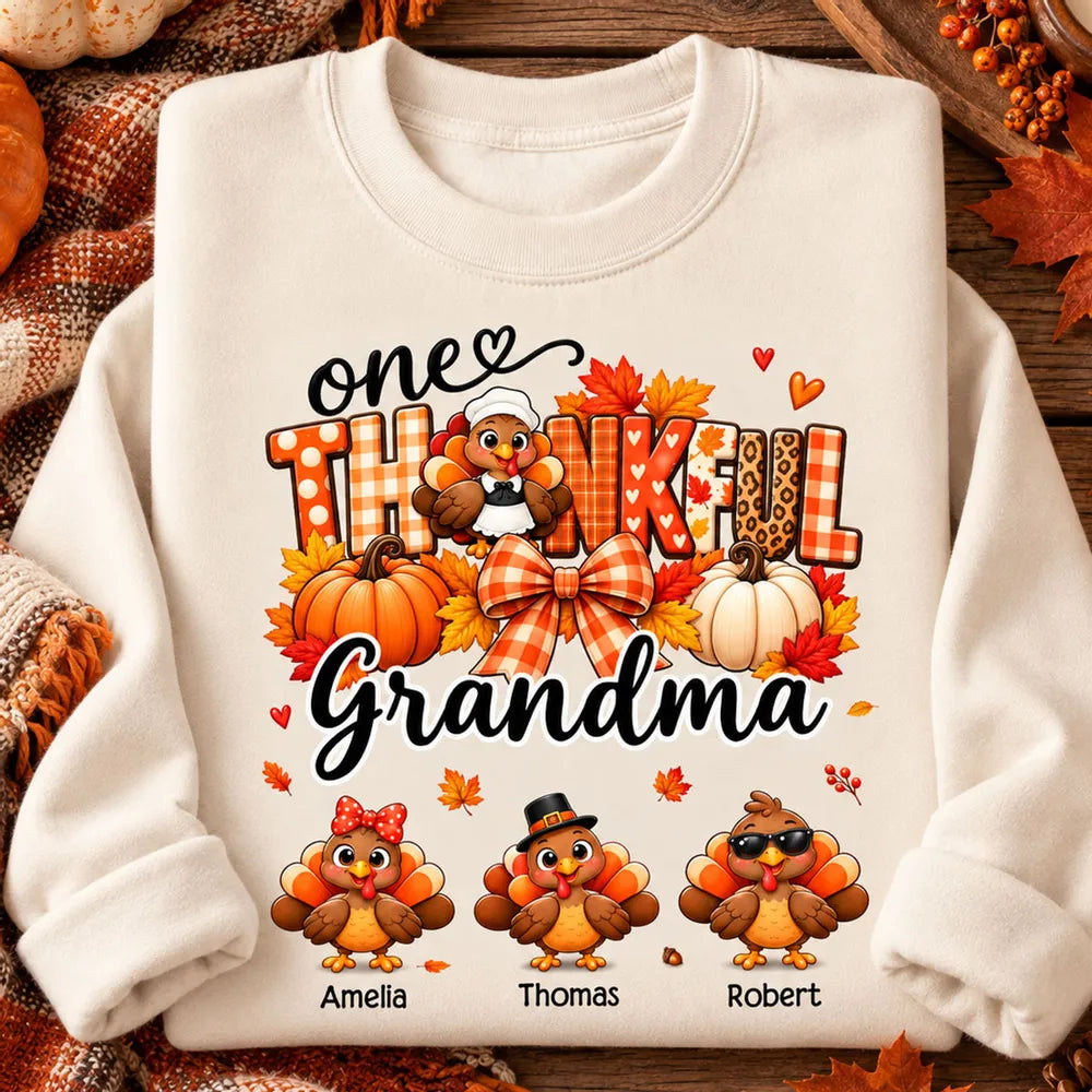Grandma Sweatshirt with Autumn Turkeys, Pumpkins and Leaves, Personalized Heartwarming Creative Gift for Thanksgiving