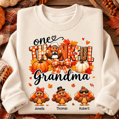 Grandma Sweatshirt with Autumn Turkeys, Pumpkins and Leaves, Personalized Heartwarming Creative Gift for Thanksgiving