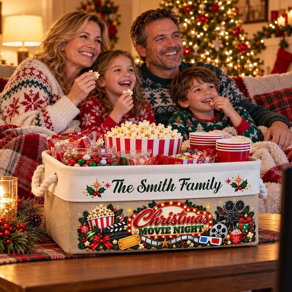 Personalized Rope Basket, Family Watching a Christmas Movie in a Cozy Living Room, Unique Gift