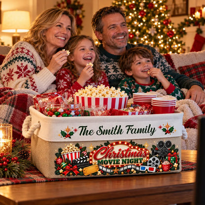 Personalized Rope Basket, Family Watching a Christmas Movie in a Cozy Living Room, Unique Gift