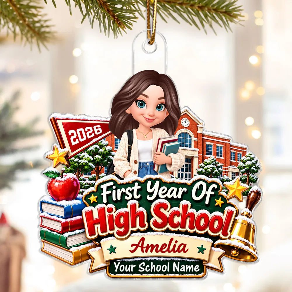Personalized Acrylic Ornament, Book-Holding Student at Snowy Schoolhouse, Unique Christmas Gift for Daughter