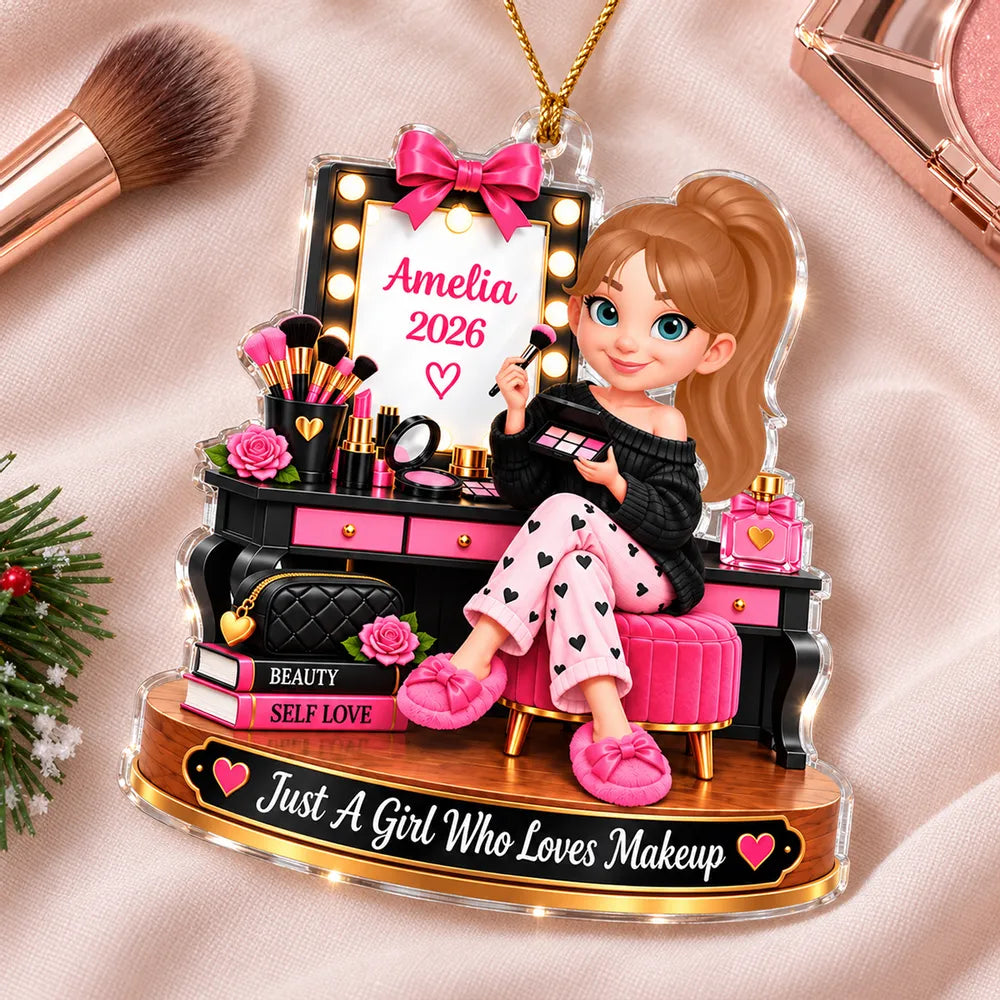 Personalized Acrylic Ornament, Girl Applying Makeup at a Pink Vanity, Unique Christmas Gift for a Daughter