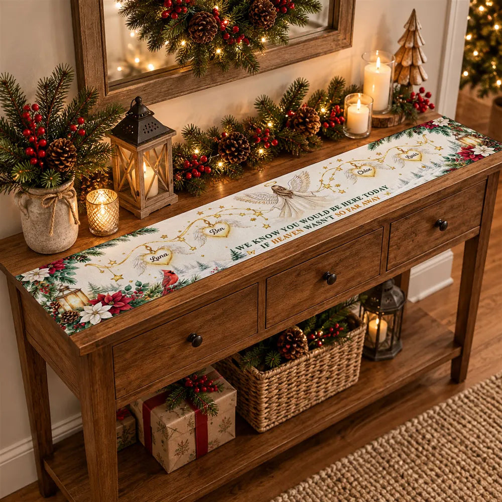 Personalized Table Runner with Angel in a Snowy Christmas Scene, Unique Memorial Gift for Family